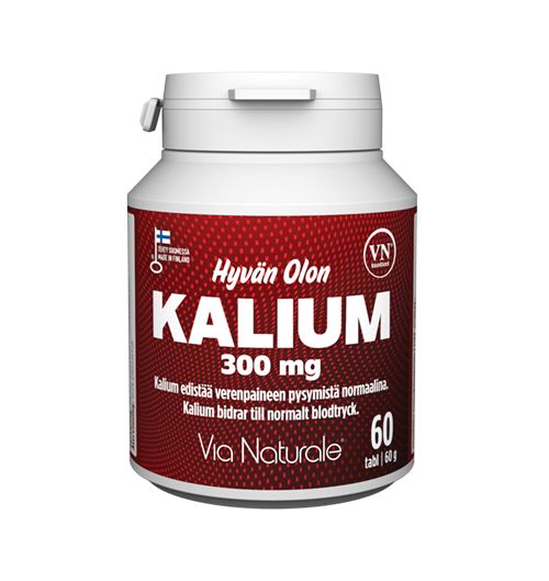 A white, cylindrical plastic container labeled KALIUM 300 mg with a smooth, matte finish is positioned against a solid red background. The front label has bold, sans-serif typography and displays Finnish and Swedish text. Via Naturale branding is present near the top of the label. The packaging states that this supplement contains 60 tablets. No people or actions are visible in the close-up product shot.