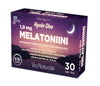 Hyvän Olon Melatoniini 1,9 mg + Magnesium + B6; violetti, suorakulmainen ja mattapintainen pakkaus, jossa painettu yökuva puolikuun ja tähtien kera; valkoista ja keltaista suomenkielistä groteskitekstiä annostuksesta ja käyttösuosituksesta.