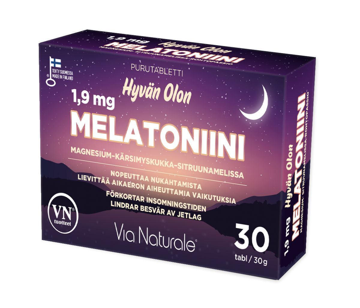 Hyvän Olon Melatoniini 1,9 mg + Magnesium + B6; violetti, suorakulmainen ja mattapintainen pakkaus, jossa painettu yökuva puolikuun ja tähtien kera; valkoista ja keltaista suomenkielistä groteskitekstiä annostuksesta ja käyttösuosituksesta.