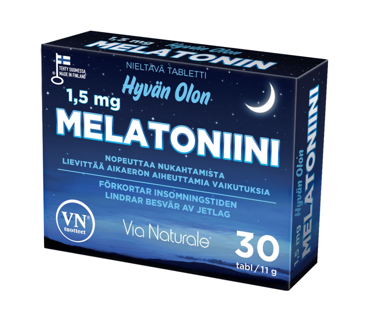 Via Naturale Hyvän Olon Melatoniini -pakkaus, sininen suorakaiteen muotoinen rasia, 1,5 mg, 30 tablettia; etiketissä kuunsirppi- ja tablettikuvitus