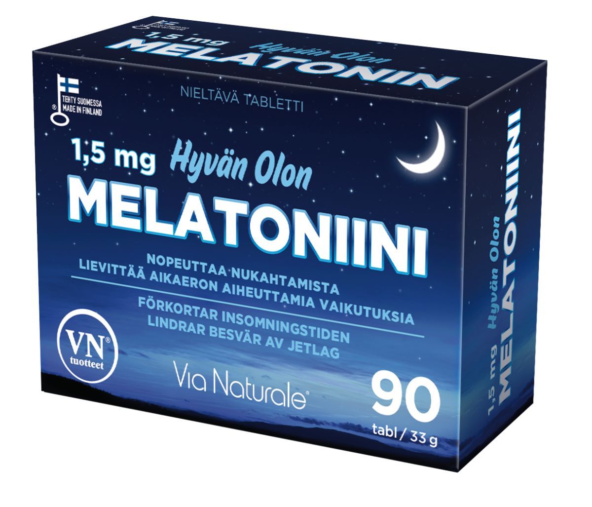 Via Naturale Hyvän Olon Melatoniini -pakkaus, sininen rasia, 90 tablettia, suomen- ja ruotsinkielinen teksti sekä kuunsirppi- ja tähtikuvitus