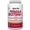 Hyvän Olon Piimaa-Biotiini + C-vitamiini; valkoinen pullo Via Naturale Piimaabiotiini + C -ravintolisää, suomen- ja ruotsinkielistä tekstiä, vaaleanpunaisia ja oransseja tehosteita sekä tietoa hiusten ja ihon hyödyistä lisätyn biotiinin ansiosta; pullo lieriömäinen mattapinnalla ja valkoinen korkki; etiketissä tikkukirjasinta eri painoin; tuote yksin tasaisella taustalla, ei ihmisiä tai muita esineitä näkyvissä.