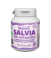 A white plastic bottle of Via Naturale Salvia B6-vitamiini dietary supplement with a purple matte label and white screw cap, containing 60 tablets. The label text is in Finnish and Swedish, noting benefits for women aged 40+. Bold sans-serif typography is used. The product is photographed against a plain, light background with no hands or additional objects visible.