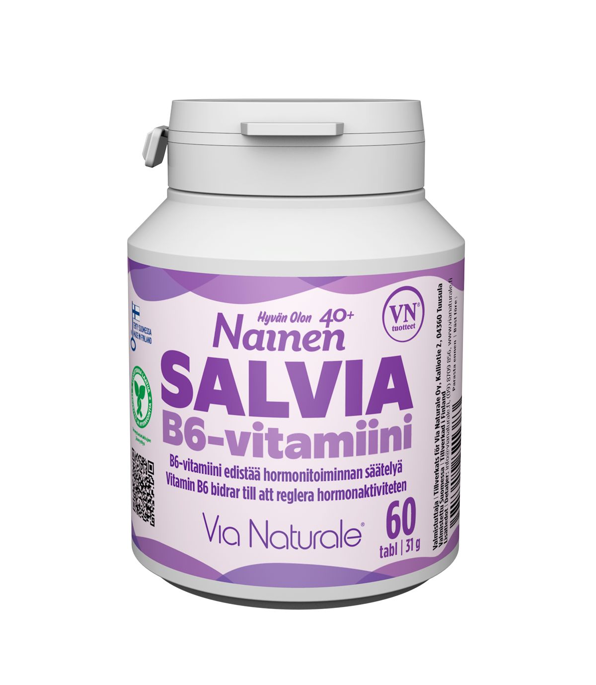 A white plastic bottle of Via Naturale Salvia B6-vitamiini dietary supplement with a purple matte label and white screw cap, containing 60 tablets. The label text is in Finnish and Swedish, noting benefits for women aged 40+. Bold sans-serif typography is used. The product is photographed against a plain, light background with no hands or additional objects visible.