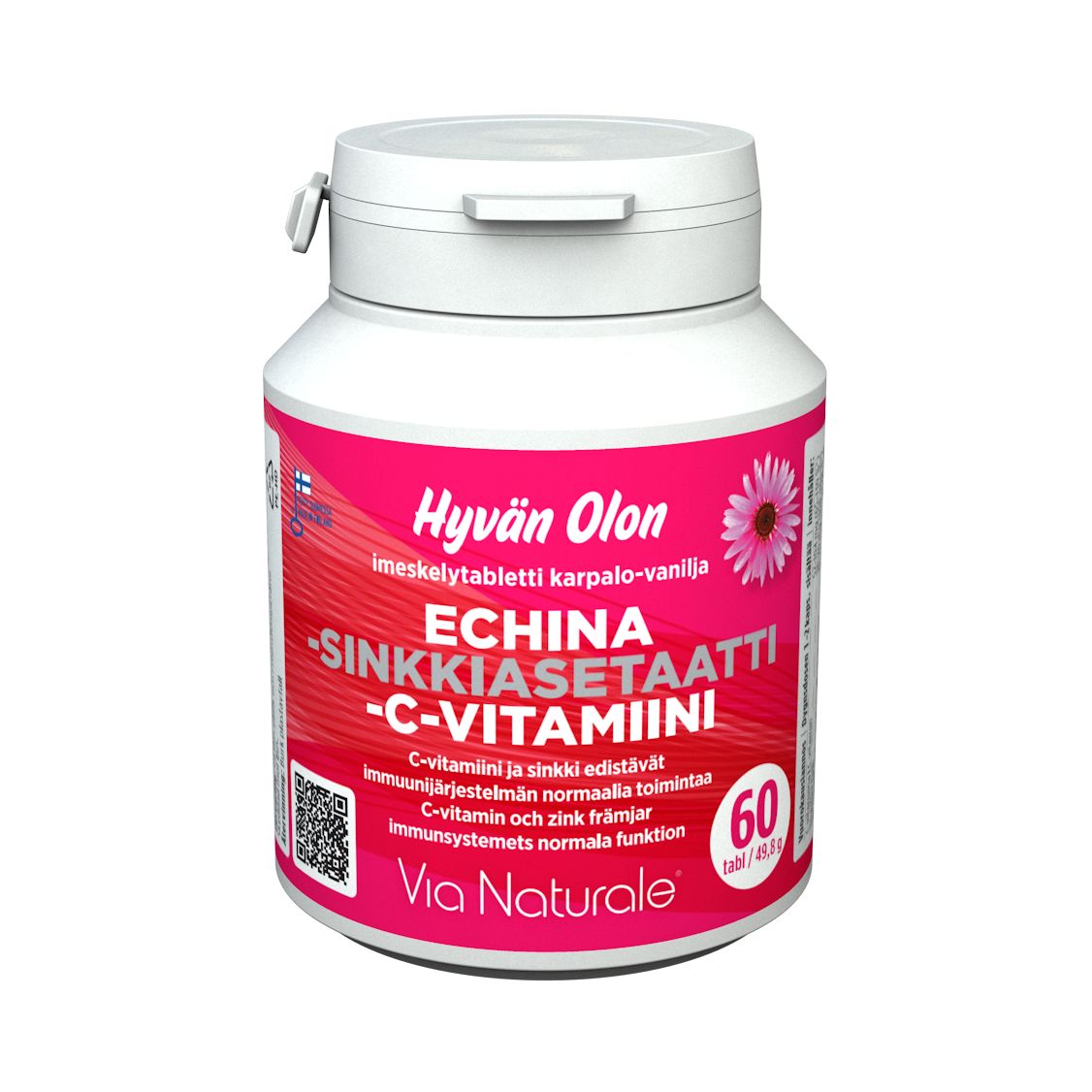 Hyvän Olon Echina Sinkkiasetaatti C-vitamiini; valkoinen muovipullo mattapintaisena, sylinterinmuotoinen valkoisella ruuvikorkilla; etiketissä teksti "Hyvän Olon Echina Sinkkiasetaatti C-Vitamiini", 60 tablettia, karpalo-vaniljamaku, sinkkiasetaatti, kukka-aihein koristeltu; teksti punaisin ja vaaleanpunaisin groteskikirjasimin; valkoinen tausta, ei ihmisiä tai käsiä kuvassa.