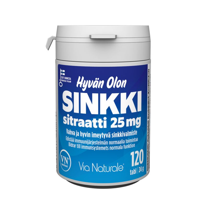 Hyvän Olon Sinkkisitraatti 25 mg -pullo (Via Naturale), valkoinen-sininen mattamuovi, sylinterinmuotoinen; teksti suomeksi ja ruotsiksi, 120 tablettia, groteskiteksti