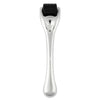 A metallic derma roller with a long handle and a black titanium microneedle roller head, used for skincare treatments like microneedling. The handle is silver with a glossy finish and tapers toward the roller head. The cylindrical roller head is densely covered in small, evenly spaced titanium needles. No packaging or labeling present. The background is solid white, shot in even studio lighting. No people or hands included.