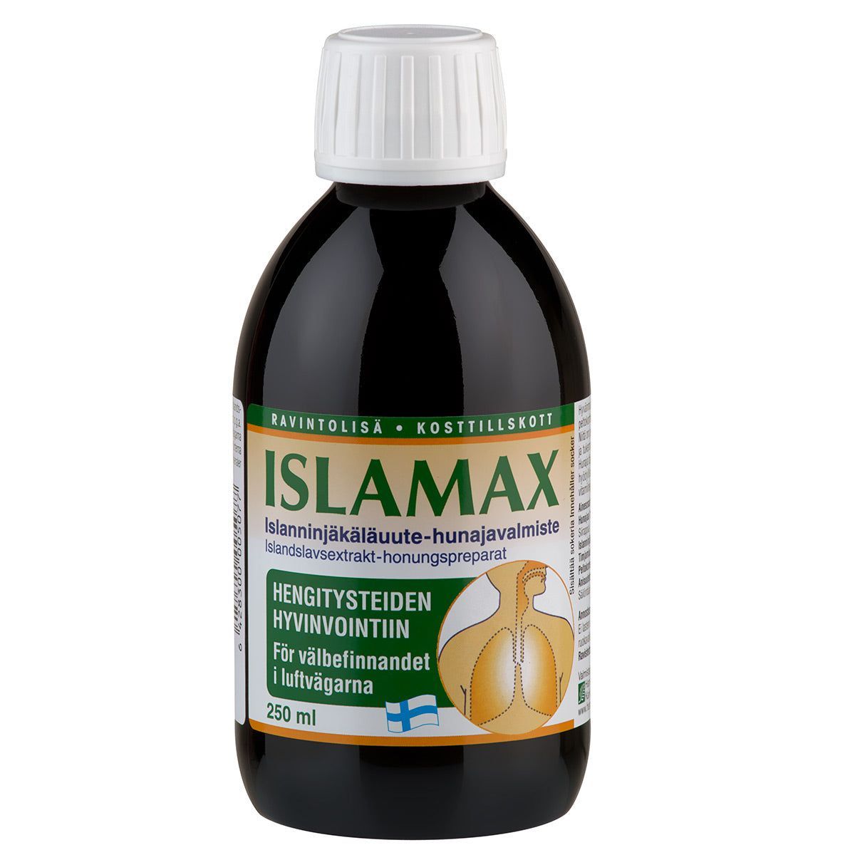 Islamax; pullo yrttimehua islanninjäkälällä ja hunajalla, teksti suomeksi ja ruotsiksi, tarkoitettu hengitysteiden hyvinvoinnin tukemiseen; 250 ml:n muovipullo valkoisella kierrekorkilla ja kiiltävällä vihreä-kelta-valkoisella etiketillä lihavoidulla groteskikirjasimella; tuote seisoo pystyssä valkoisella taustalla ilman ihmisiä tai käsiä.