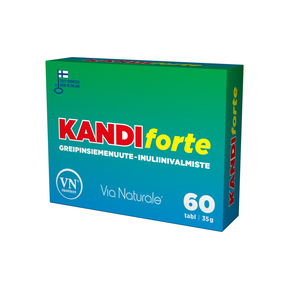 A green and blue rectangular box labeled KANDI forte with Finnish text, showing it contains 60 tablets (35g) and features the Via Naturale brand alongside a Finnish flag on the packaging. The box has a matte finish with simple sans-serif typography. No people, hands, or actions are present. The background is plain white and the shot is front-facing.