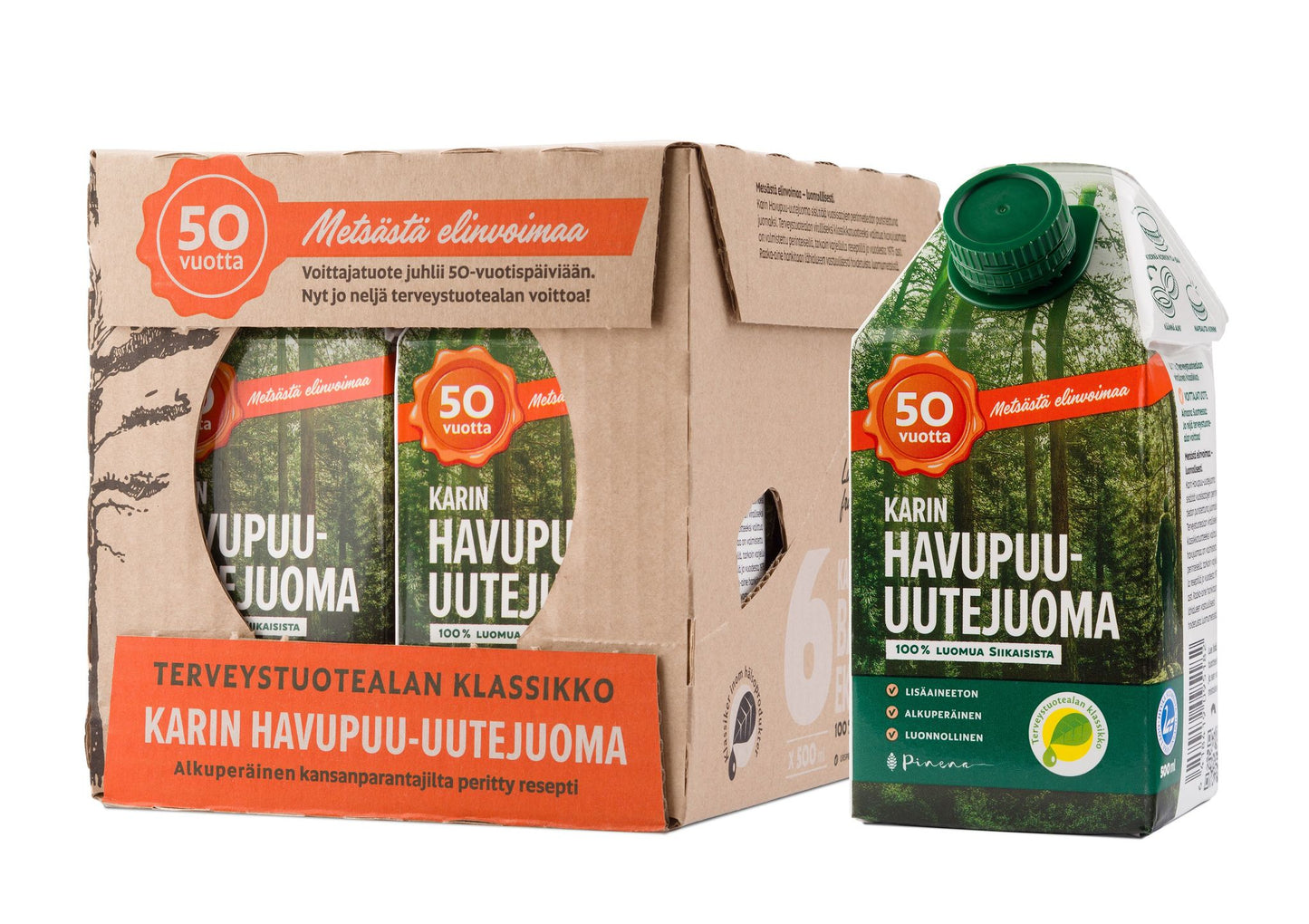 A cardboard box of six cartons and one single carton of Karin Havupuu-Uutejuoma, a Finnish pine extract drink, featuring natural green forest imagery and bright orange label accents. The packaging is rectangular with a matte finish; cartons have printed product name in clear sans serif type. All items rest on a plain surface background with no visible people or actions in the frame.