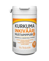 Kurkuma - Inkivääri - Mustapippuri + C-vitamiini; valkoinen muovipullo mattapintaisena oranssein tehostein, etiketti selkeällä nykyaikaisella groteskikirjasimella; teksti "Kurkuma Inkivääri Mustapippuri +C", 60 kapselia, Via Naturale -brändi; pullo sylinterinmuotoinen valkoisella ruuvikorkilla; vaalea hyvin valaistu tausta, ei ihmisiä kuvassa.
