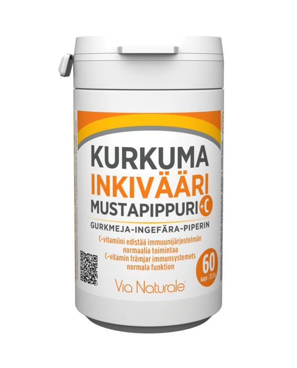 Kurkuma - Inkivääri - Mustapippuri + C-vitamiini; valkoinen muovipullo mattapintaisena oranssein tehostein, etiketti selkeällä nykyaikaisella groteskikirjasimella; teksti "Kurkuma Inkivääri Mustapippuri +C", 60 kapselia, Via Naturale -brändi; pullo sylinterinmuotoinen valkoisella ruuvikorkilla; vaalea hyvin valaistu tausta, ei ihmisiä kuvassa.