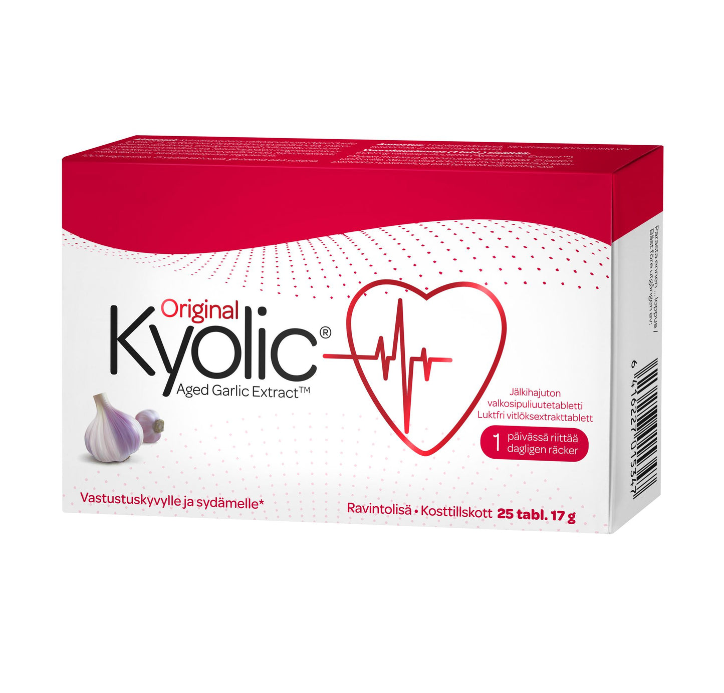 Kyolic Original Valkosipulitabletti -pakkaus; punainen ja valkoinen mattapintainen pahvipakkaus, jossa tyylitelty sydän EKG-käyrällä sekä valkosipulinkynsikuvituksia; suomenkielinen teksti viittaa sydän- ja verisuoniterveyteen; tuotenimi, määrä 25 tablettia (17 g) ja ravintolisätiedot painettu etuosaan; ei ihmisiä tai käsiä näkyvissä; tausta yksinkertainen, suoraviivainen tuotekuva.