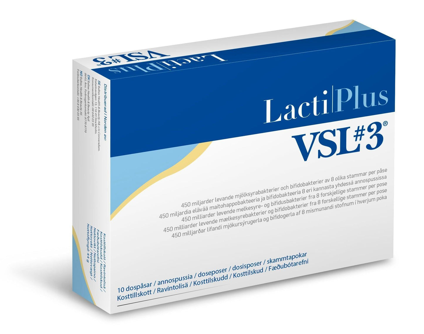LactiPlus VSL#3 Jauhe, pakkaus VSL#3-probioottiravintolisälle sinisin ja kultaisin korostuksin, sisältää kattavaa tuotetietoa useilla kielillä; suorakulmainen pahvipakkaus mattapinnalla; siniset ja kultaiset grafiikat valkoisella pohjalla; groteskiteksti hallitsee, useita pienen tekstin osioita eri kielillä; tausta valkoinen, ei ihmisiä eikä käsiä näkyvissä.