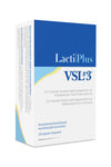 A box of LactilPlus VSL#3 probiotics, rectangular with a matte finish, shows blue and yellow accents. The product name appears in large bold letters, with smaller Swedish and Finnish text specifying 112 billion bacteria from 8 strains and 20 capsules. No people or hands are visible. The background is plain white.
