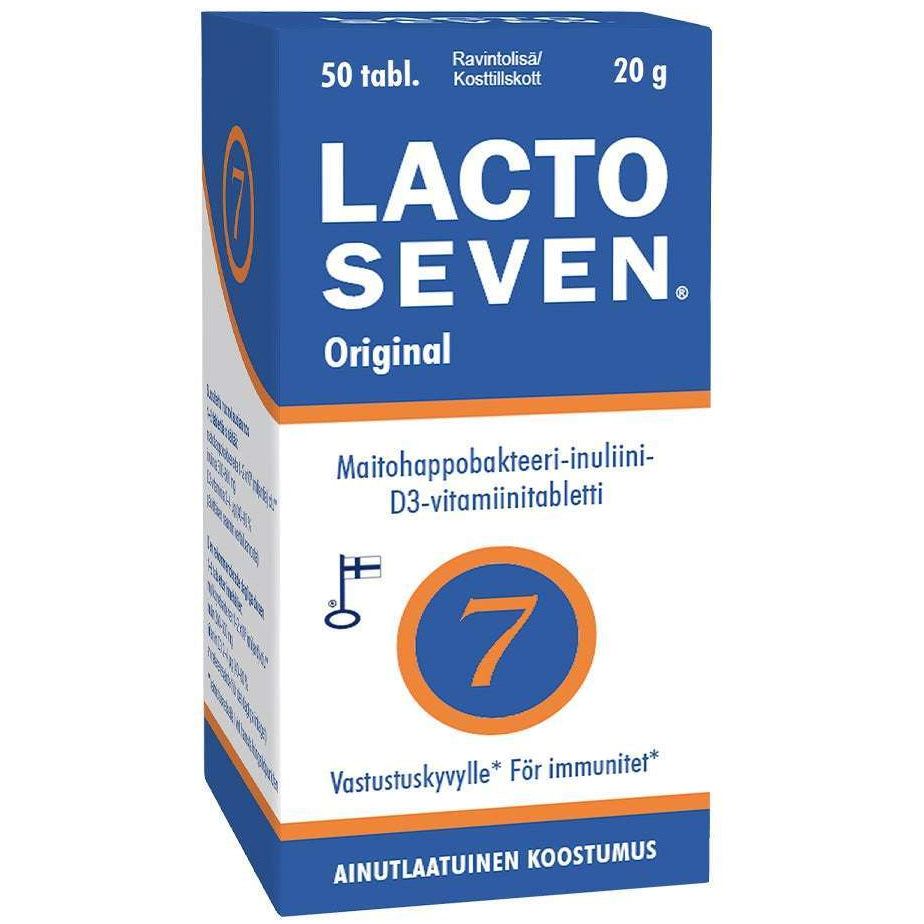 Sininen, valkoinen ja oranssi laatikko Vitabalans Lacto Seven maitohappobakteeri, jossa on 50 tablettia (20 g), jossa on suomenkielinen ja ruotsinkielinen teksti, sisältää inuliinia ja D3-vitamiinia immuunijärjestelmän tukemiseksi.