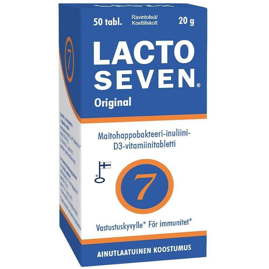 Sininen, valkoinen ja oranssi laatikko Vitabalans Lacto Seven maitohappobakteeri, jossa on 50 tablettia (20 g), jossa on suomenkielinen ja ruotsinkielinen teksti, sisältää inuliinia ja D3-vitamiinia immuunijärjestelmän tukemiseksi.