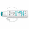 White bottle of Lavera Moisture & Care shampoo with open turquoise flip-top cap, product swatch next to it, and blue label text highlighting its gentle, hydrating properties for sensitive skin. Bottle has a matte finish and cylindrical shape. Blue sans-serif typography appears on the label. No people or hands are visible. Product is shown against a plain light background in a close-up shot.