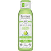 Lavera Body Wash Refreshing; pullo Lavera Naturkosmetik -suihkusaippualle, merkitty Refreshing, luomulimetillä ja sitruunaruoholla, sopii vegaaneille ja rikastettu luonnollisin ainesosin, vihreä ja läpinäkyvä pakkaus; lieriön muotoinen muovipullo, alaosa kirkas ja yläosa läpinäkymätön vihreä läppäkorkki; etikettiteksti valkoinen groteski vihreällä pohjalla; vaalea tausta, ei ihmisiä tai tarvikkeita.
