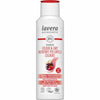 A white plastic bottle of Lavera Colour & Care Shampoo for color-treated hair, cylindrical with a rounded shoulder and matching cap. The surface is matte. Label text is in English and Italian. There is a vibrant fruit graphic showing pomegranate and grapes on the front label. The typography is clear sans-serif. Plain background, product only—no people or hands. Straight-on product shot.