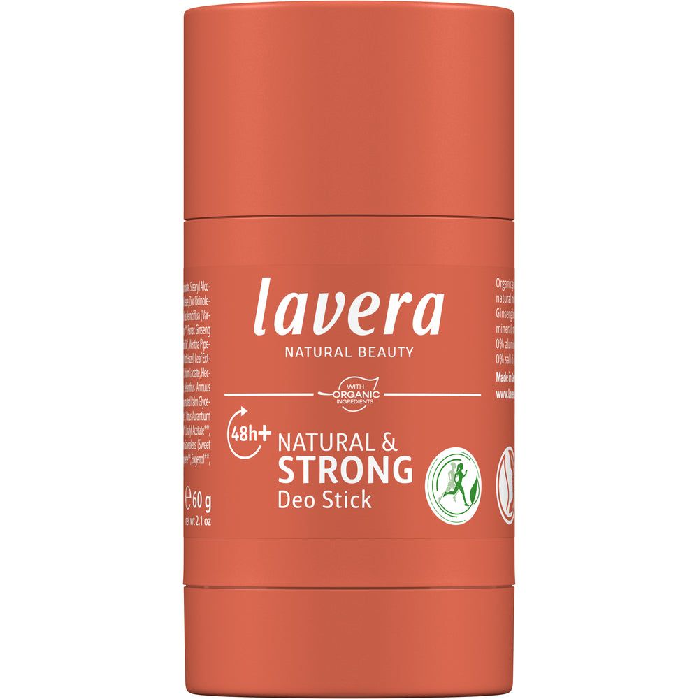Lavera Deo Stick Natural & Strong -deodorantti suljettuna, sivukuva etiketistä ja pakkausmerkinnöistä