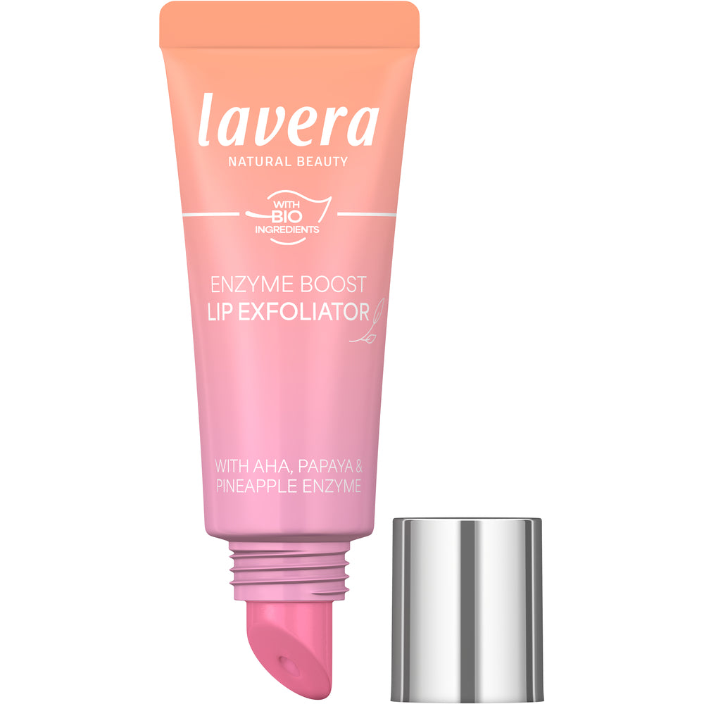 Lavera Enzyme Boost Lip Exfoliator -huulikuorintatuubi avattuna, hopeinen korkki vieressä