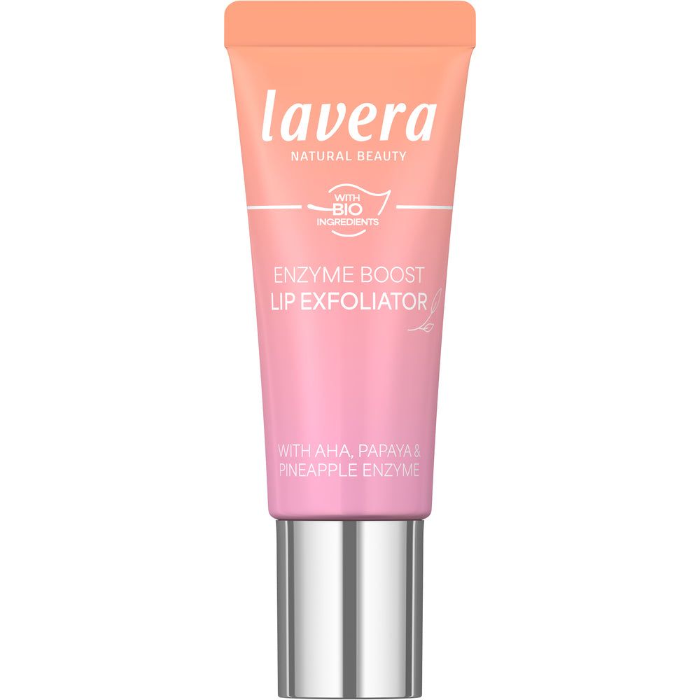 Lavera Enzyme Boost Lip Exfoliator -huulikuorintatuubi suljettuna, etiketti näkyvissä