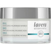 A white jar of Lavera Naturkosmetik cream-gel, labeled with organic algae and natural hyaluronic acids, features text in multiple languages on the container. Cylindrical matte plastic container with a matching twist-off lid. Label includes sans-serif typography with prominent product name and key ingredients, plus additional smaller font details. Plain studio background, product centered, no people present.