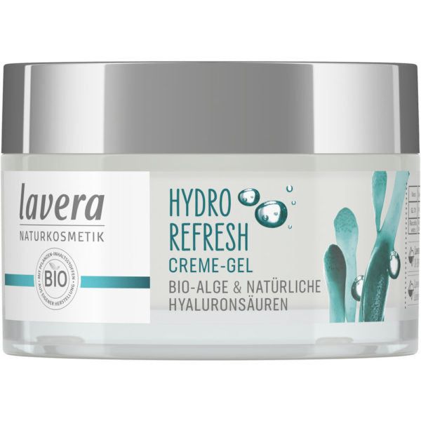 A jar of Lavera Hydro Refresh Creme-Gel with a white lid and label featuring blue seaweed graphics and text about bio-algae, hyaluronic acids, and hydration. The container is cylindrical with a glossy finish. The label uses sans-serif font for product information. The photo shows no people or props; background is plain and neutral, shot straight-on at eye level.