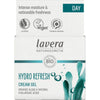 A box of Lavera Hydro Refresh Cream Gel. The rectangular box is predominantly white with teal and blue accents, featuring a matte finish. Bold sans-serif typography is used for the brand name and main text. Label text includes intense moisture, noticeable freshness, vegan, organic, carbon neutral, hyaluronic acids, and algae. The background is plain white and no people are present in the image.