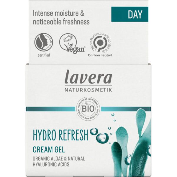 A box of Lavera Hydro Refresh Cream Gel. The rectangular box is predominantly white with teal and blue accents, featuring a matte finish. Bold sans-serif typography is used for the brand name and main text. Label text includes intense moisture, noticeable freshness, vegan, organic, carbon neutral, hyaluronic acids, and algae. The background is plain white and no people are present in the image.