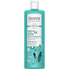 A turquoise plastic bottle with a glossy surface and cylindrical shape, labeled “Lavera Hydro Refresh Micellar Cleansing Water with organic algae and hyaluronic acids.” The label displays stylized water droplets, ocean wave graphics, vegan and natural product icons. The primary typography is bold sans-serif. Product is shown against a plain white background in a studio shot.