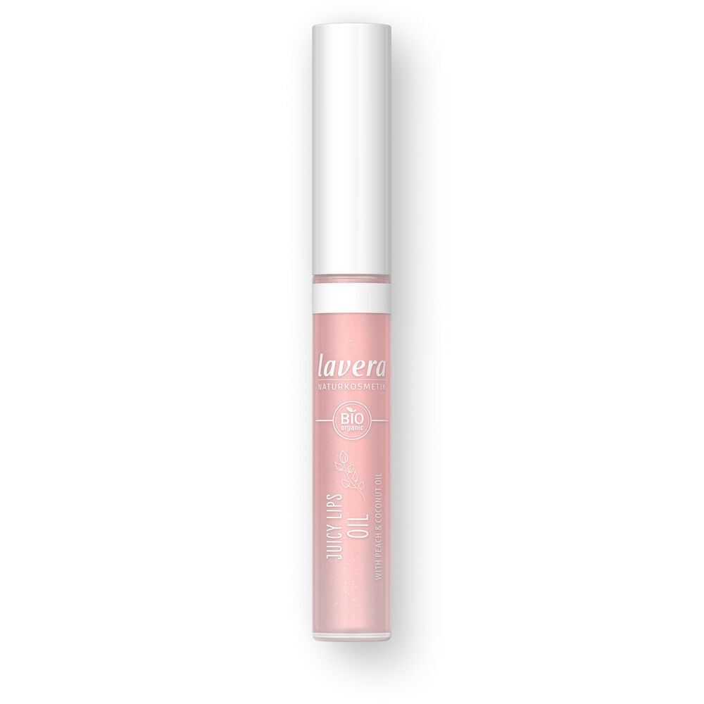 A pink tube of Lavera Juicy Lips Oil with a glossy finish and a white plastic cap is centered against a solid white background. The cylindrical packaging displays the Lavera logo and product details in small, modern white text on the tube. No people or additional objects are present. A pink tube of Lavera Juicy Lips Oil with a white cap is shown against a plain white background. The label displays the Lavera logo and nourishing product information in white text.