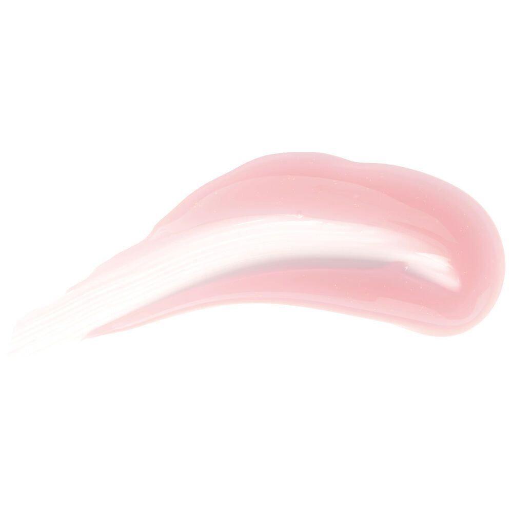 Lavera Juicy Lips Oil Huuliöljy; lähikuva kiiltävästä, vaaleanpunaisesta ja valkoisesta geelimäisestä tahrasta valkoisella taustalla; geeli sileä ja hieman läpikuultava; ei näkyvää pakkausta tai etikettitekstiä; ei ihmisiä, käsiä tai muita esineitä; lähikuva ilman tarvikkeita tai ympäristöä valkoisen taustan lisäksi.