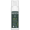 Lavera Men Sensitiv Shaving Foam bottle with a white top and dark green label, featuring organic aloe vera and birch, indicated as vegan and alcohol-free. Cylindrical plastic bottle with matte finish. Label includes legible product name and icons for vegan, alcohol-free. No people or hands visible. Plain background. Standard upright product shot.