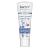 A white tube of Lavera Complete Care toothpaste featuring organic echinacea and calcium, labeled as fluoride-free, vegan, and certified natural, with blue and pink design elements for gentle oral hygiene. The tube is made of matte-finish plastic with a flip-top cap, predominantly white with blue and pink accents. Product name appears in sans-serif typeface on the front label. The photo shows only the tube against a plain background; there are no people or hands visible.