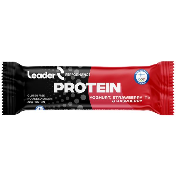 Protein bar in red and black packaging labeled Leader Performance Protein, featuring a blend of yogurt, strawberry, and raspberry flavors. This gluten-free bar delivers 20g of protein with no added sugar. Rectangular plastic wrapper is glossy, displaying bold sans-serif white text. Image set against a plain background with no people or props visible. Shot shows only the packaged product.