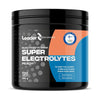 A black cylindrical plastic container of Leader Performance Super Electrolytes Peach drink mix with 120 servings stands alone. The matte label is blue and orange with bold sans-serif text, includes an Olympic Team Finland badge, and lists zero calories and peach flavor. No people or additional props are present; background is plain white.