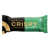 A wrapped Leader Promour Crispy Choco & Mint bar, 45g. The packaging is black and green with gold accents, in a matte plastic wrapper. The shape is rectangular with sealed ends. Sans serif typography displays the product name and features: high protein, fibre, no added sugar, no palm oil. Product only; plain background; no people or props visible.