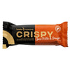 A 45g Leader Promour Crispy Choco Truffle & Orange protein bar in striking black and orange packaging, featuring a rich cocoa content and labeled high in protein and fiber, with no added sugar or palm oil. The wrapper is glossy with contrasting bold white text for the main product name, additional label information in smaller fonts, rectangular shape; plain background; no people or hands visible; close-up shot.