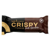 A brown and black protein bar wrapper labeled Leader Promour Crispy Dark Chocolate, featuring gold accents and a cocoa icon. The rectangular wrapper has a matte finish. The label uses bold, sans-serif typography in white and gold. Text announces high protein, fiber, and no added sugar. No people or hands visible. Plain background with product centered in frame.