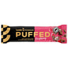A raspberry-flavored PUFFED snack bar in a black and pink wrapper, labeled Leader Promour. Wrapper is matte with bold, block-style white and pink text; high protein, fiber, no added sugar, and no palm oil claims prominently printed. Rectangular packaging with sealed edges. No people visible. Neutral background; standard product shot layout.