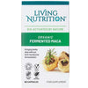 Living Nutrition Fermentoitu Maca; laatikko Living Nutrition Organic Fermented Maca -kapseleita, sisältää 60 kapselia; suorakulmainen laatikko mattapinnalla vihrein ja valkoisin sävyin, painettuja kuvia maca-juurista sekä selkeät luomu- ja vegaanisertifiointimerkit etupuolella; minimalistinen groteskityyppografia tuotetiedoille; ei ihmisiä tai muita esineitä kuvassa, neutraali tausta, suora edestäpäin otettu tuotekuva.