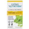 Living Nutrition Your Flora Sensitive; laatikko Living Nutrition Your Flora Sensitive -kapseleita, merkitty luomuksi, vegaaniseksi, gluteenittomaksi ja 100-prosenttisesti luonnolliseksi; pahvilaatikko suorakulmainen mattapinnalla; piparminttu- ja sitruunamelissankuvitukset etupuolella; luettava teksti korostaa ruoansulatuksen tukea luonnostaan tasapainoisilla probiooteilla; pelkistetty tausta, ei ihmisiä tai käsiä kuvassa.