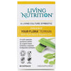 Living Nutrition Your Flora Terrain; suorakulmainen laatikko Living Nutrition Your Flora Terrain -kapseleita pystyssä mattapinnalla; etupuolella kuvia aloe verasta sekä luomu-, vegaani- ja gluteenittomuuden sertifiointikuvakkeita; typografia pääosin groteskia; luettava teksti toteaa sen olevan ruoansulatuksen ravintolisä biooteineen, entsyymeineen ja ravintoaineineen suoliston terveyden tueksi; neutraali tausta, ei ihmisiä kuvassa.