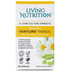 Living Nutrition Your Flora Tranquil; laatikko Living Nutrition Your Flora Tranquil -ravintolisää fenkolilla ja kamomillalla, merkitty luomuksi, vegaaniseksi, gluteenittomaksi ja 100-prosenttisesti luonnolliseksi; suorakulmainen laatikko mattapinnalla ja valkoisella pohjavärillä; kamomillankukkakuvia etupuolella; groteskikirjasin mustana ja vihreänä; pakkauksessa merkintä "60 kapselia"; ei ihmisiä tai käsiä kuvassa, pelkistetty tausta.