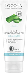 Logona Classic 3 in 1 Puhdistusmaito; valkoinen tuubi LOGONA 3 in 1 -puhdistusmaitoa aloe veralla, merkitty vegaaniseksi ja luomuksi, normaalille iholle; tuubi on mattapintainen, sylinterinmuotoinen litteällä korkilla; kuvassa vihreitä aloekuvituksia; saksankielinen etupuolen teksti kertoo meikinpoisto- ja puhdistusominaisuuksista; typografia groteskia, pääosin mustaa ja vihreää; tausta valkoinen, ei ihmisiä tai käsiä kuvassa.