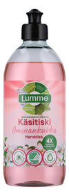 A bottle of Lumme hand dishwashing liquid with apple blossom scent. The product contains clear pink liquid inside a transparent plastic bottle with a black screw cap. The label features floral graphics and Finnish text in sans-serif font. The surface has a glossy finish. No people or hands are present, and the background is plain white.