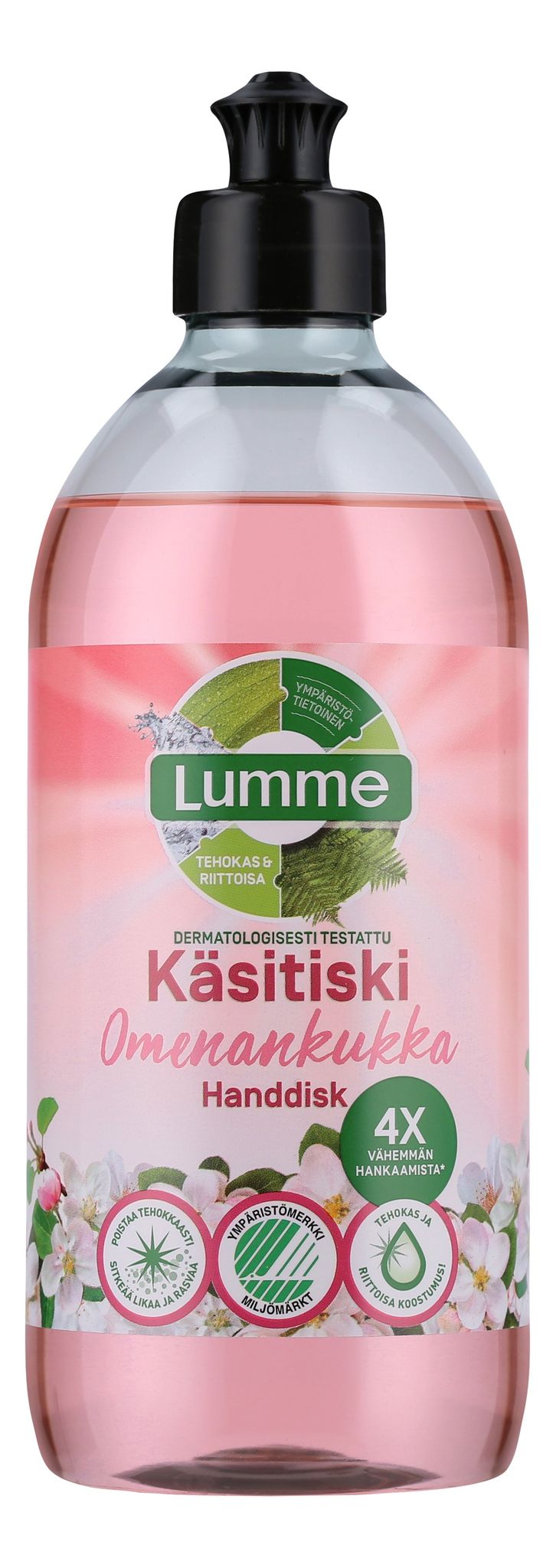 A bottle of Lumme hand dishwashing liquid with apple blossom scent. The product contains clear pink liquid inside a transparent plastic bottle with a black screw cap. The label features floral graphics and Finnish text in sans-serif font. The surface has a glossy finish. No people or hands are present, and the background is plain white.
