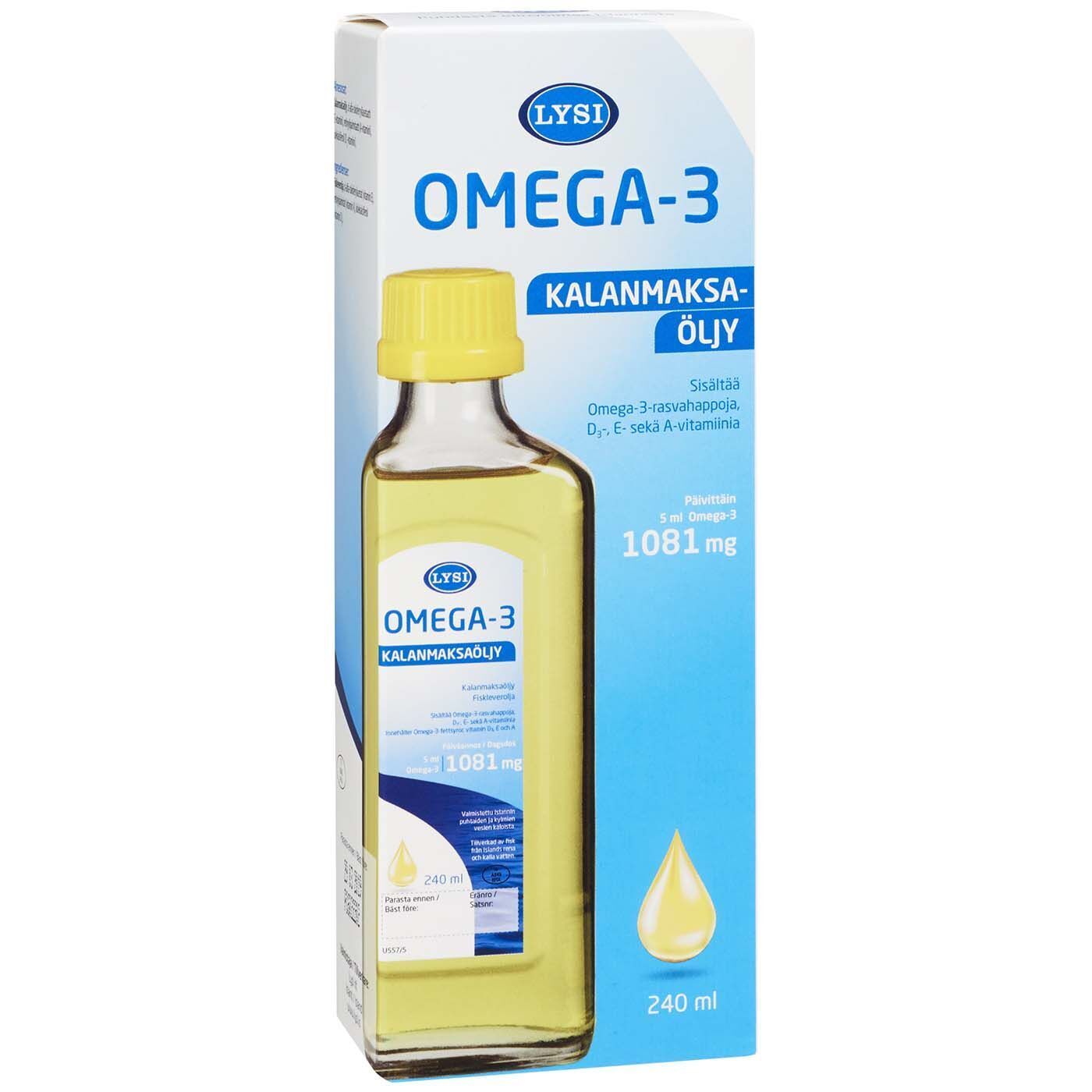 Lysi Omega-3 kalanmaksaöljy; 240 ml:n pullo ja sen suorakulmainen, mattapintainen pakkaus suomenkielisin sinisin ja keltaisin tekstein valkoisella pohjalla, tyylitelty keltainen öljypisarakuvitus; pullo valkoista, läpinäkymätöntä muovia vastaavalla merkinnällä; groteskitypografia.